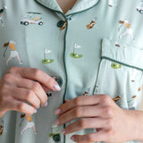 Front buttons in emerald on Women's Short Sleeve Pajama Set Shirt in Golf print