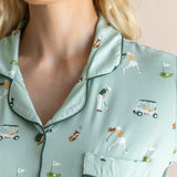 Model showcasing the Neck of Women's Short Sleeve Pajama Set in Golf print