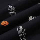 A repeating, all-over print featuring a flying white ghost, an orange jack o’ lantern, a dancing grey skeleton, a grey spider, and various white and grey twinkles, over a black background. ---1605 1