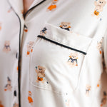Close up of Modal wearing Beige Long-Sleeved Women's Pajama Set in Halloween Teddy print with pocket ---PJ 2