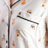 Close up of Modal wearing Beige Long-Sleeved Women's Pajama Set in Halloween Teddy print with pocket ---PJ 2