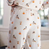 Modal showcasing backside of Beige Long-Sleeved Women's Pajama Set in Halloween Teddy