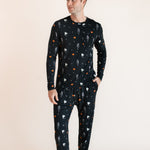 Modal wearing Men's Jogger Set in Halloween Friends print on beige background ::: Model is 6'2" wearing size M ///