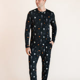 Modal wearing Men's Jogger Set in Halloween Friends print on beige background ::: Model is 6'2" wearing size M ///