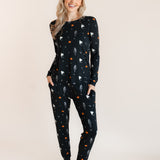 Modal wearing Women's Jogger Pajama Set in Halloween Friends print on a beige background ::: Model is 5'9" wearing size XS ///