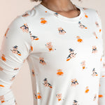 Close up of Modal wearing Women's Jogger Pajama Set in Halloween Teddy print