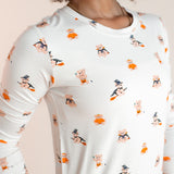 Close up of Modal wearing Women's Jogger Pajama Set in Halloween Teddy print