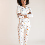 Modal wearing Women's Jogger Pajama Set in Halloween Teddy print on a beige background