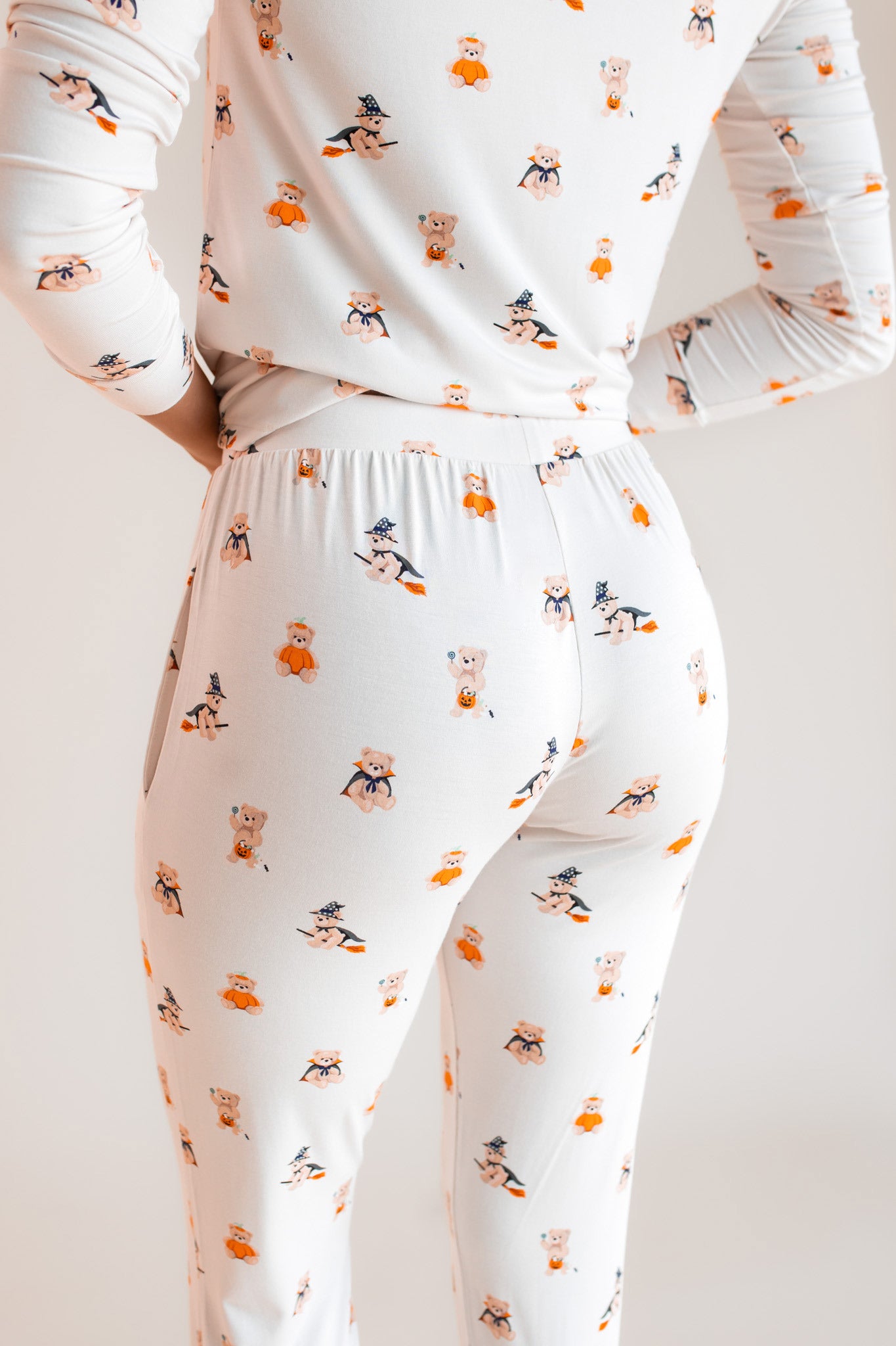 Modal showcasing the back side of Women's Jogger Pajama Set in Halloween Teddy print on a beige background