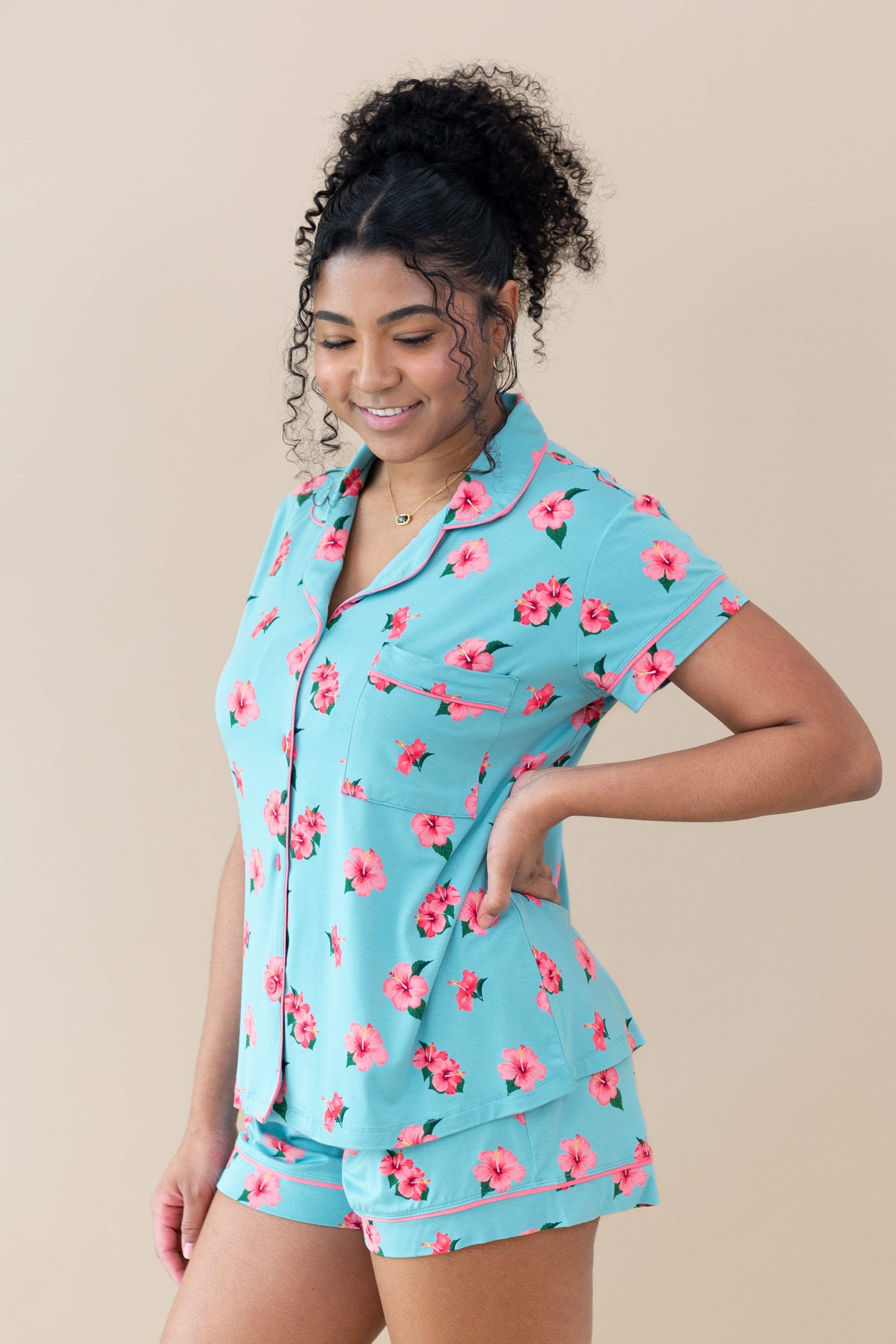 Female model in Women's Short Sleeve Pajama Set in Hibiscus