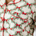 Close up of the top on the Bamboo Long-Sleeved Women's Pajama Set in Holiday Bow
