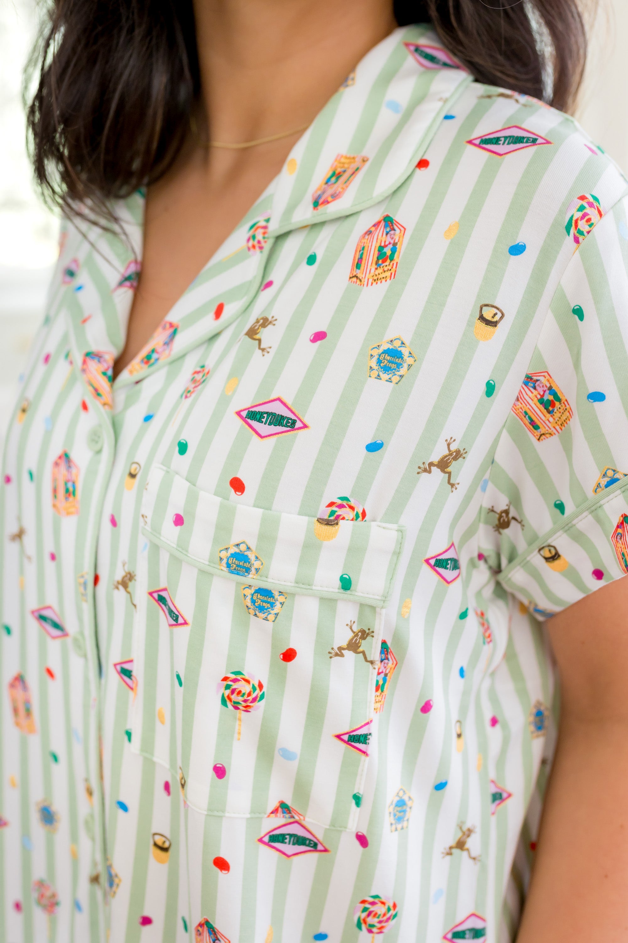 Close up of the top from the Women's Short Sleeve Pajama Set in Honeydukes