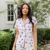 Woman outside soft smiling in short sleeve and short pajamas in Hydrangea Sakura print. ---1615 1