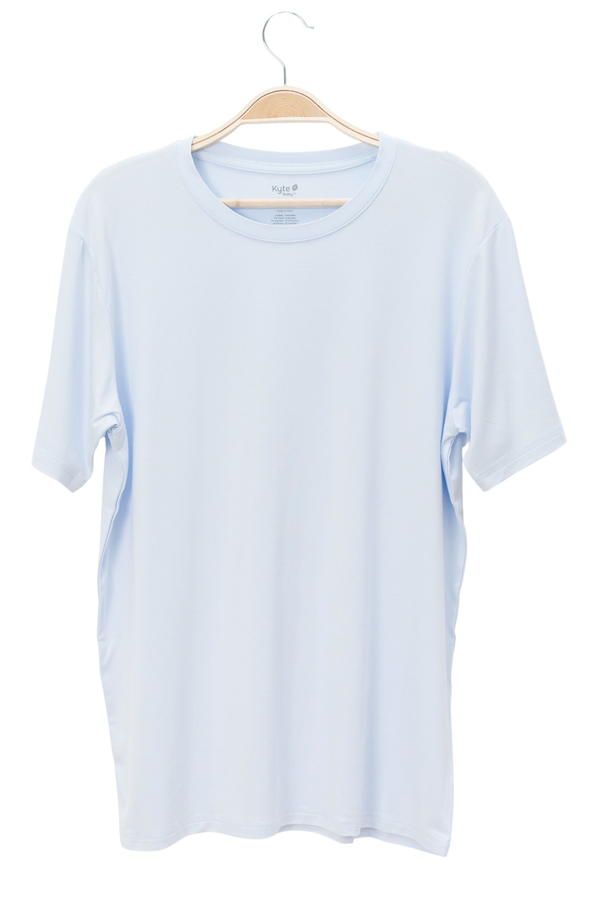 Men's Crew Neck Tee in Mist shown hanging on a hanger
