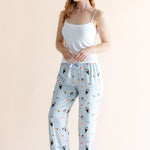 Model wearing blue Women's Lounge Pants with Sushi print under white camisole on a beige background. "::: Model is 5'8"" wearing size M ///
