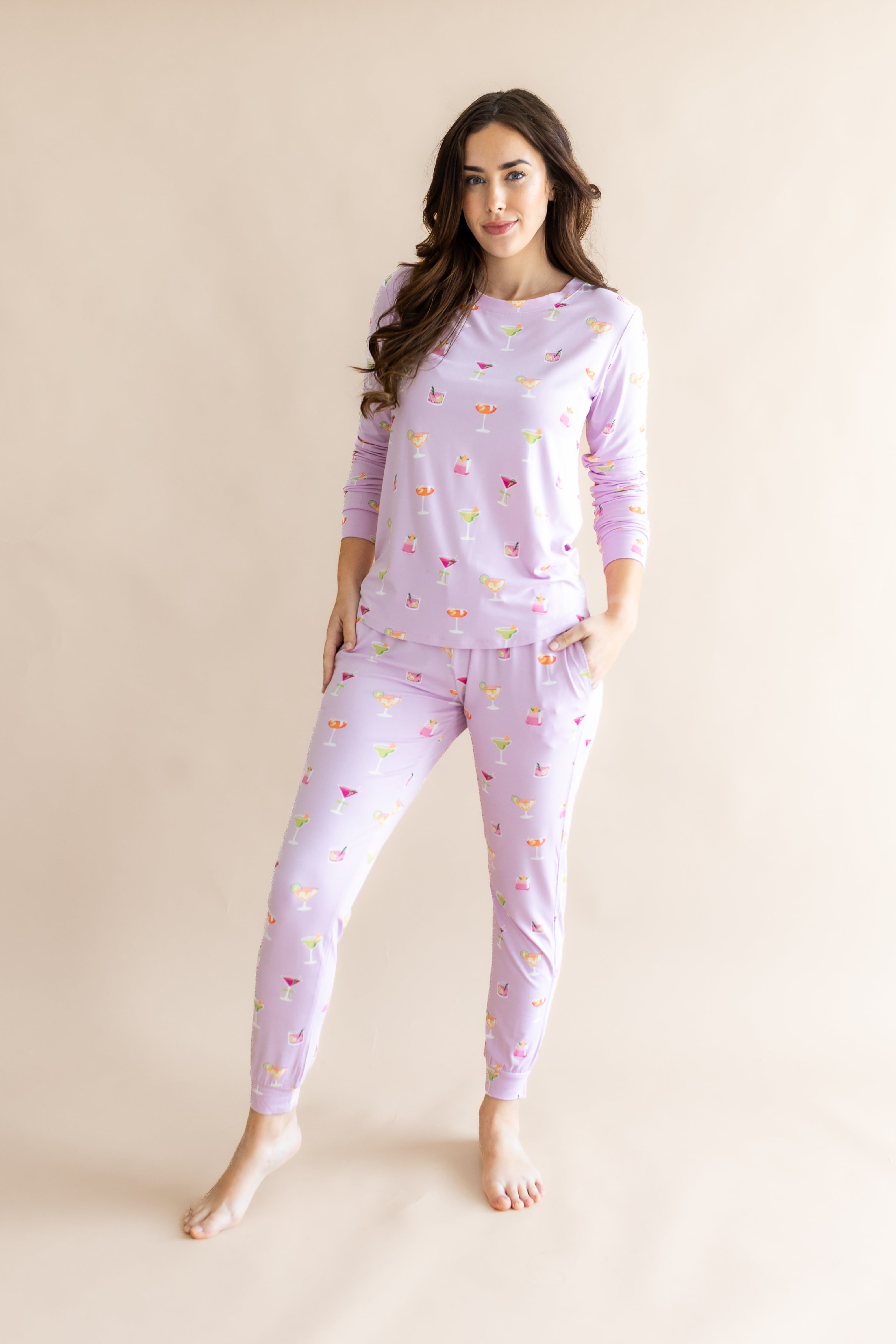 Model with hand in pockets wearing the  Women's Jogger Pajama Set in Cocktail
::: Model is 5'7" wearing size S ///
