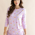 Close up of the top on the model wearing the Women's Jogger Pajama Set in Cocktail
::: Model is 5'7" wearing size S ///