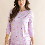 Close up of the top on the model wearing the Women's Jogger Pajama Set in Cocktail
::: Model is 5'7" wearing size S ///