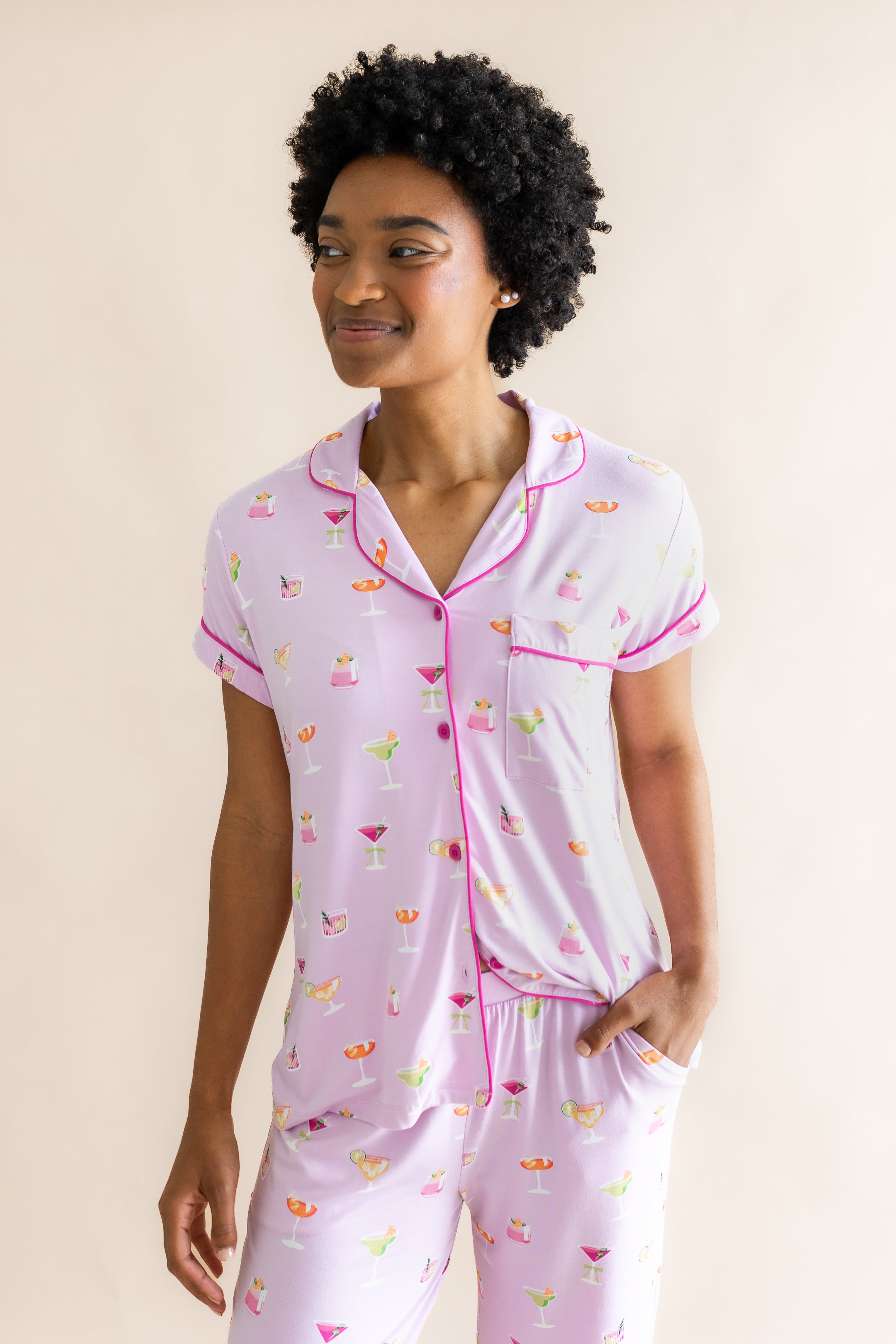 Smiling model looking to the side and close up of the top from the Women's Short Sleeve Cropped Pajama Set in Cocktail