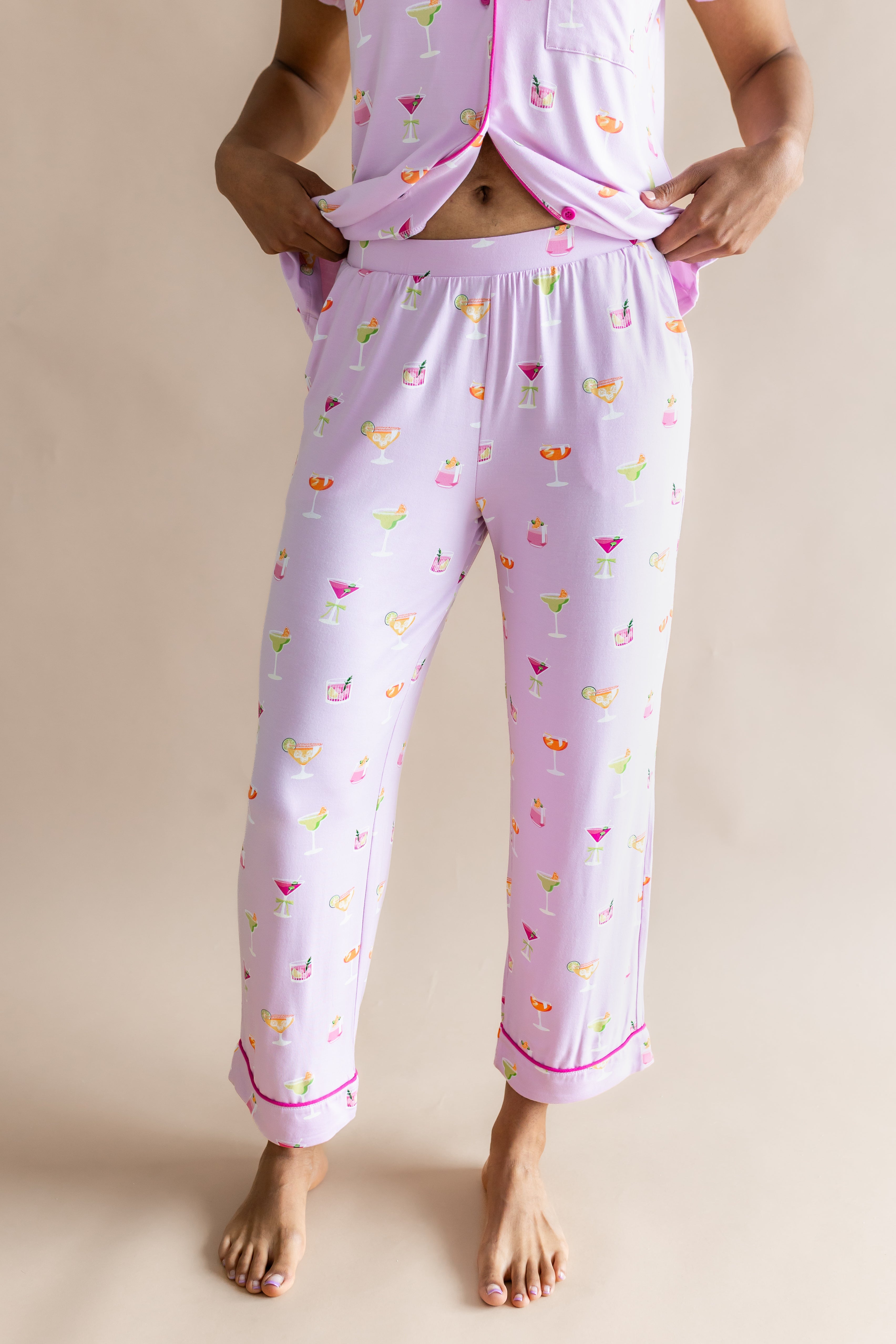 Close up of the bottoms from the Women's Short Sleeve Cropped Pajama Set in Cocktail