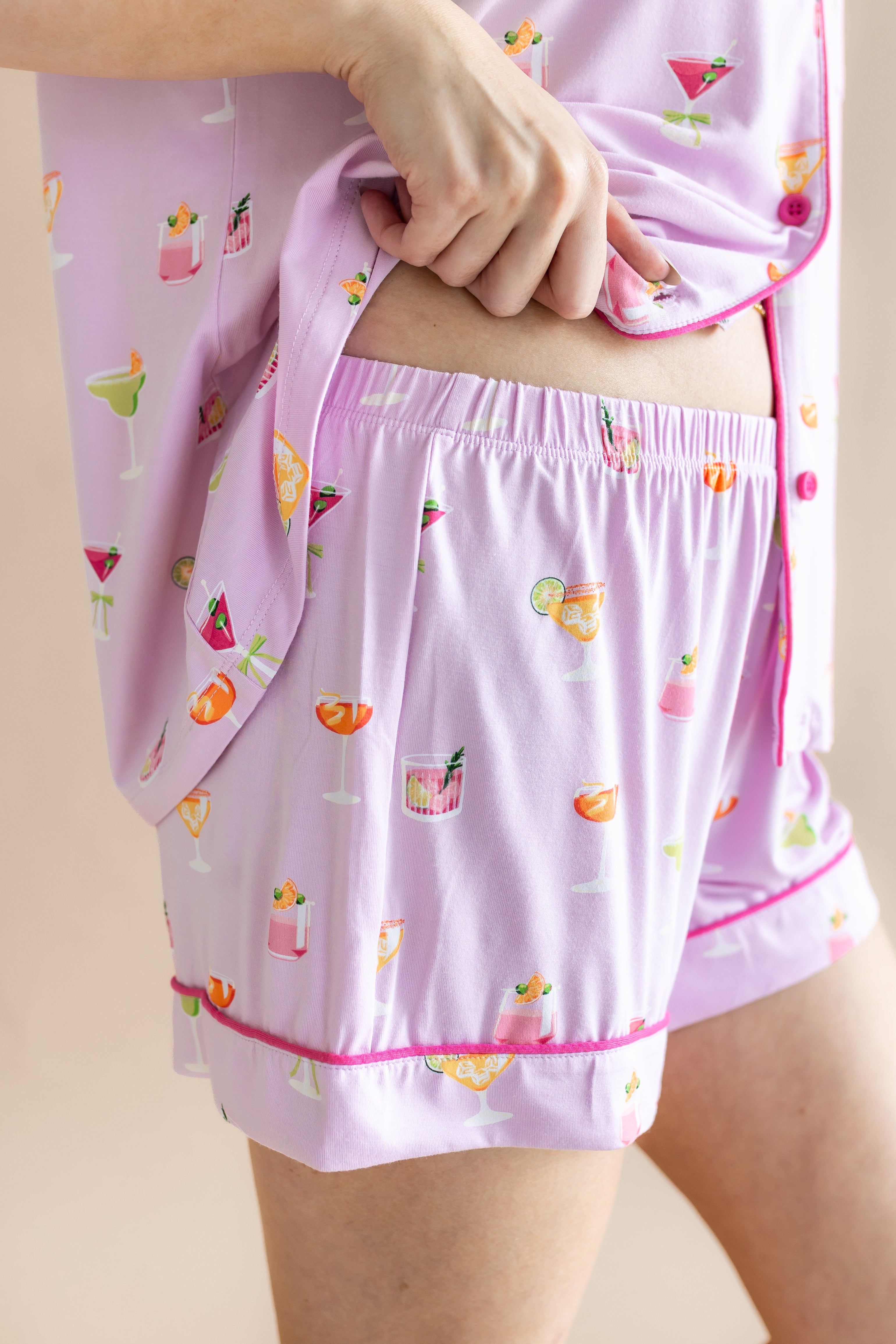 Close up of the waistband of the shorts from the Women's Short Sleeve Pajama Set in Cocktail