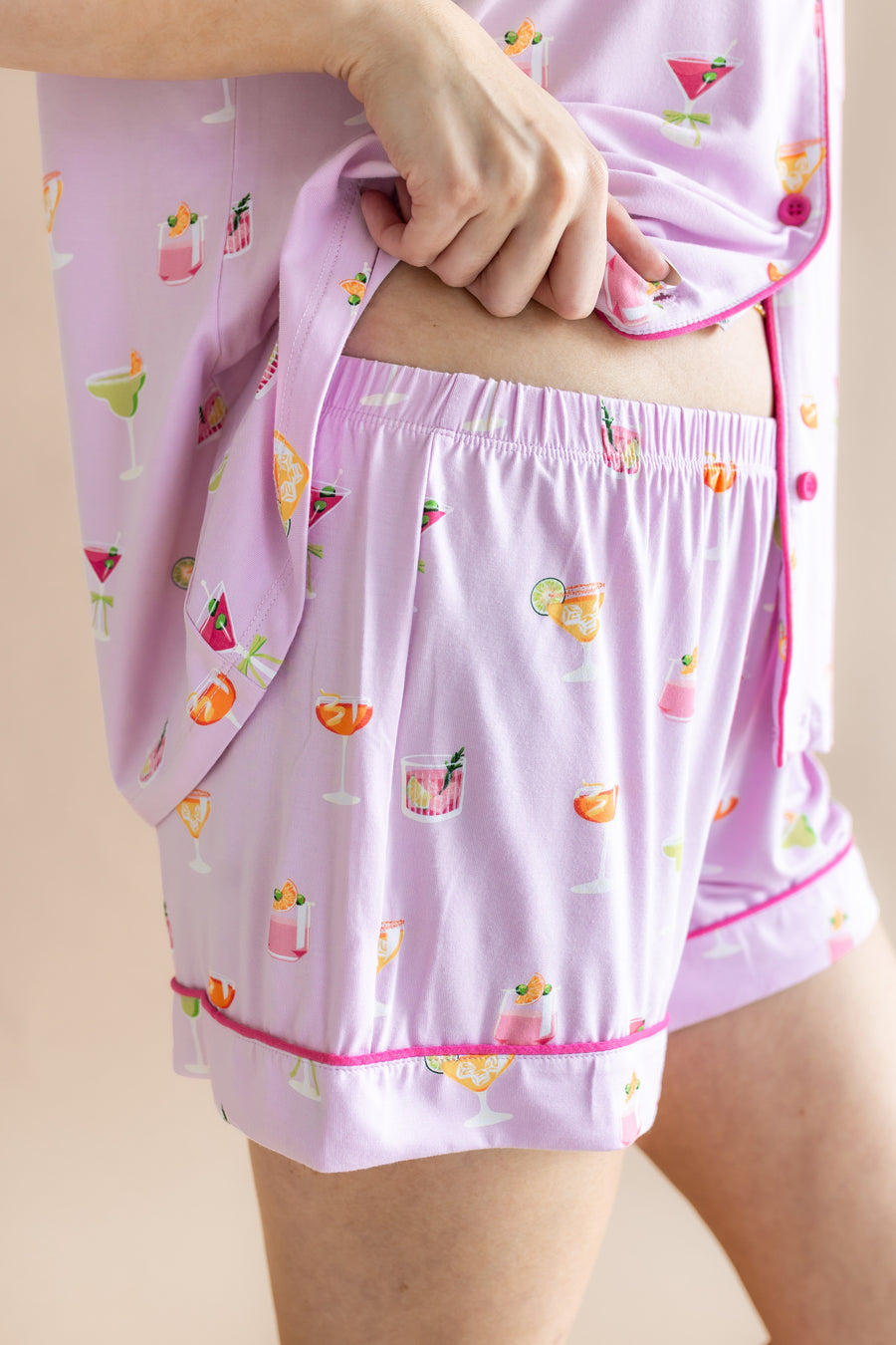 Close up of the waistband of the shorts from the Women's Short Sleeve Pajama Set in Cocktail