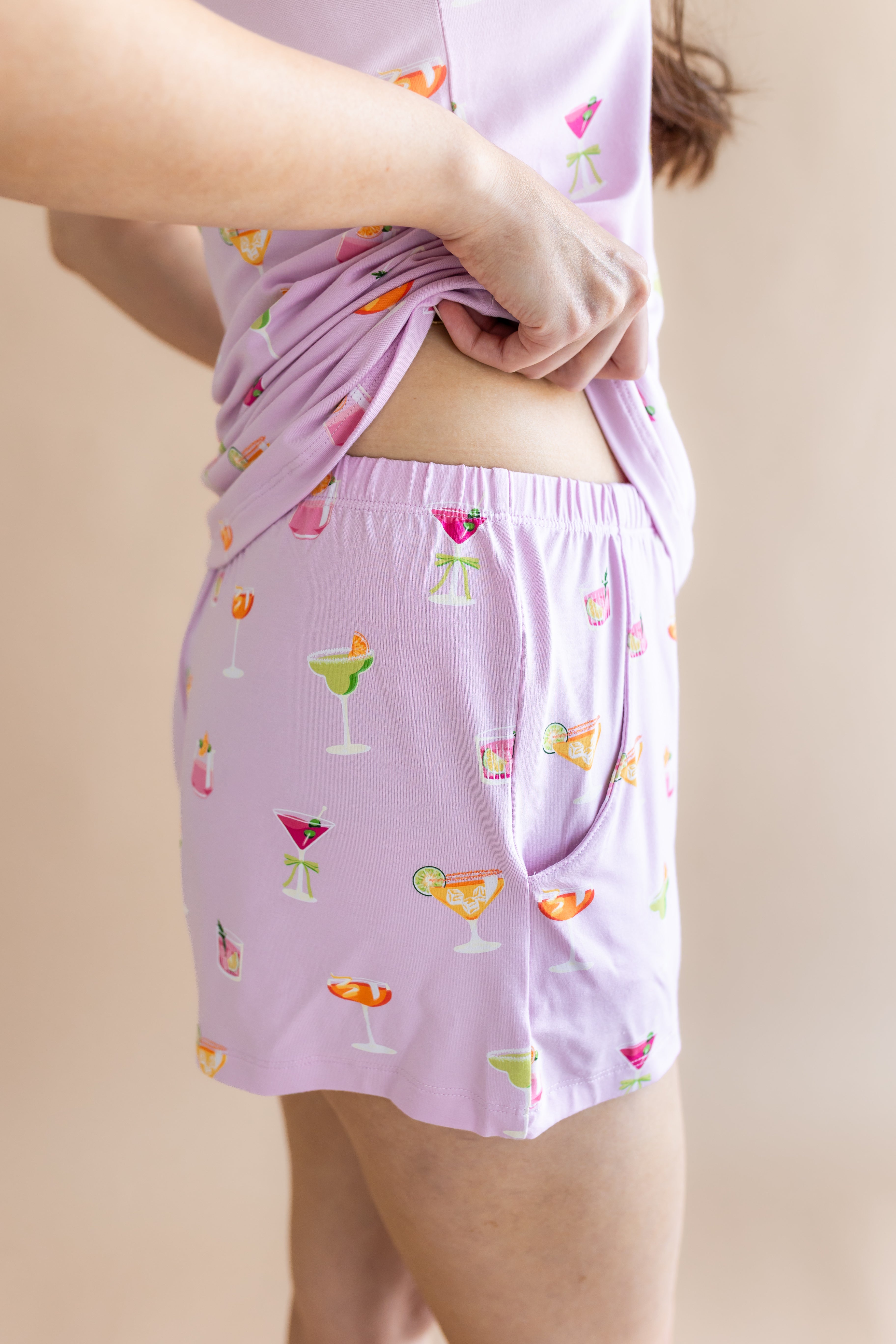 Close up of the shorts from the Women's Tank Set in Cocktail