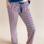Close  up of model wearing the Women's Lounge Pants in Patriotic Gingham while on a model standing in front of a beige background

::: Model is 5'7" wearing size S ///

