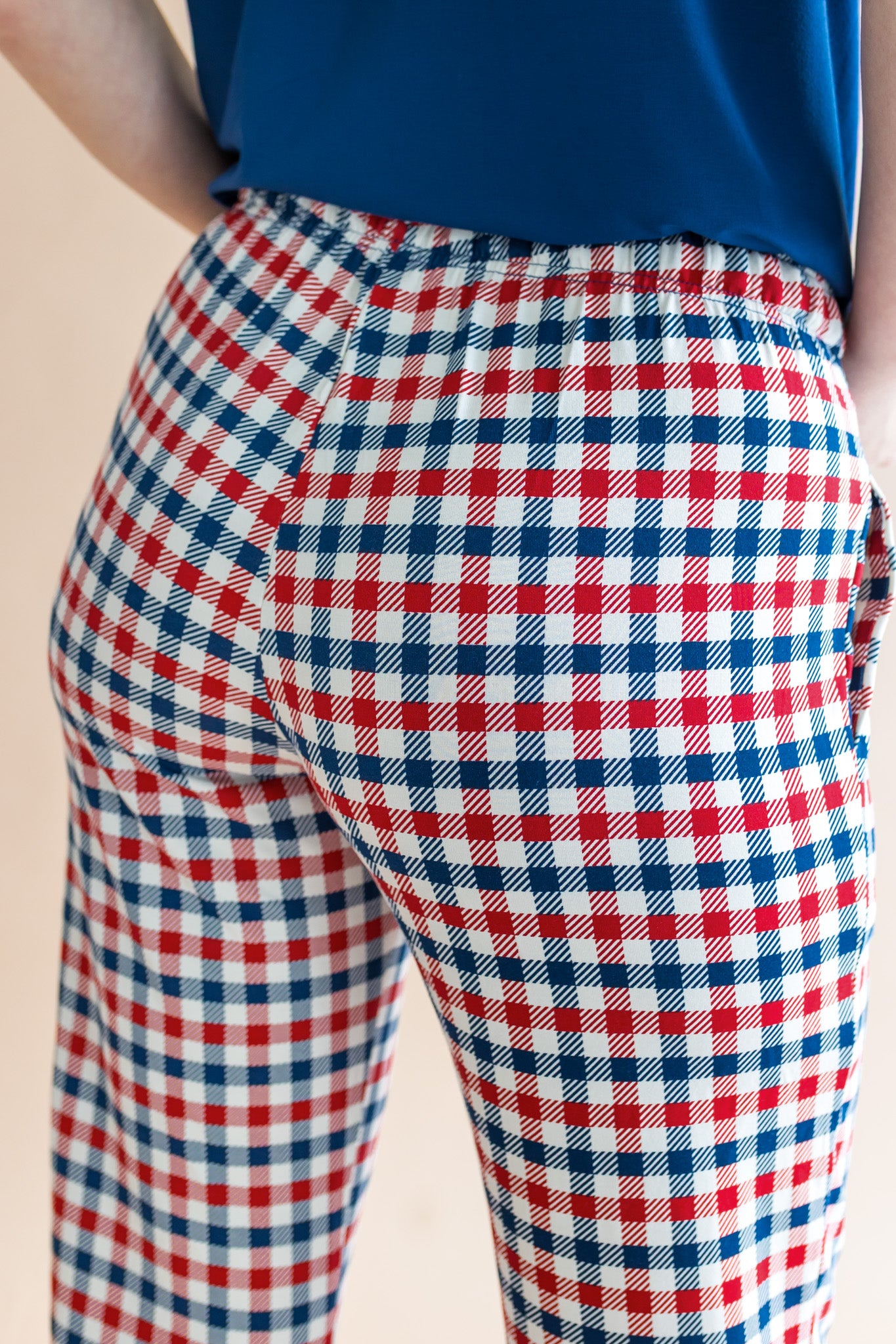 Close up of the back side of Women's Lounge Pants in Patriotic Gingham 