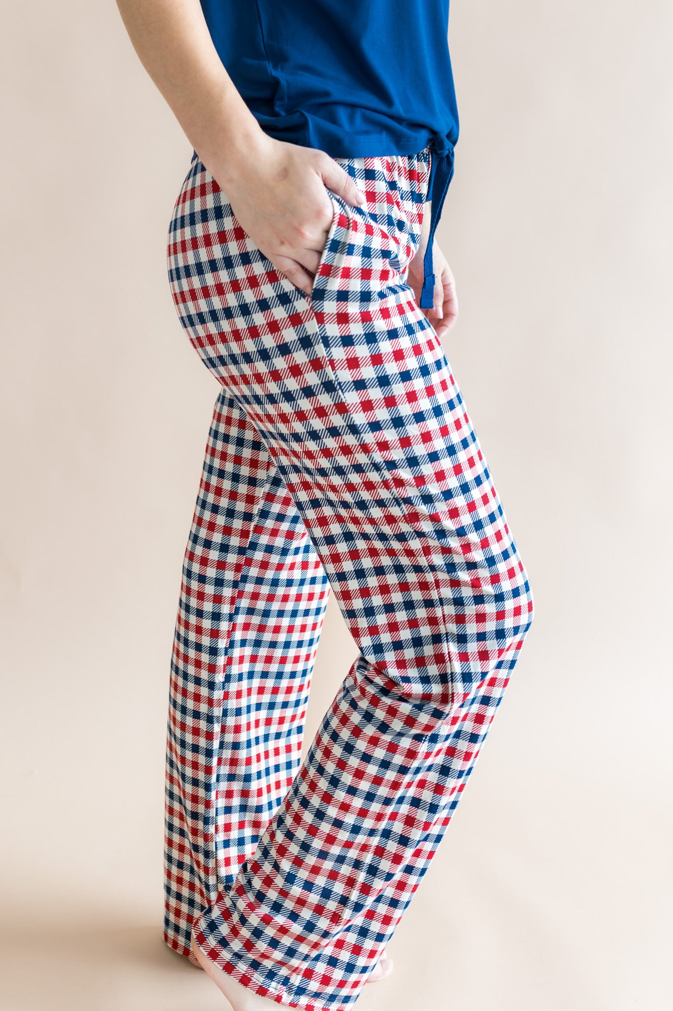 Side view of the Women's Lounge Pants in Patriotic Gingham with model's hand in pocket 