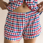 Close up of the bottoms on the Women's Short Sleeve Pajama Set in Patriotic Gingham showcasing the waistband 