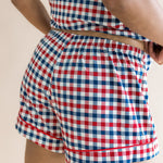 Close up of the back side of the bottoms from the Women's Short Sleeve Pajama Set in Patriotic Gingham