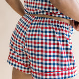 Close up of the back side of the bottoms from the Women's Short Sleeve Pajama Set in Patriotic Gingham