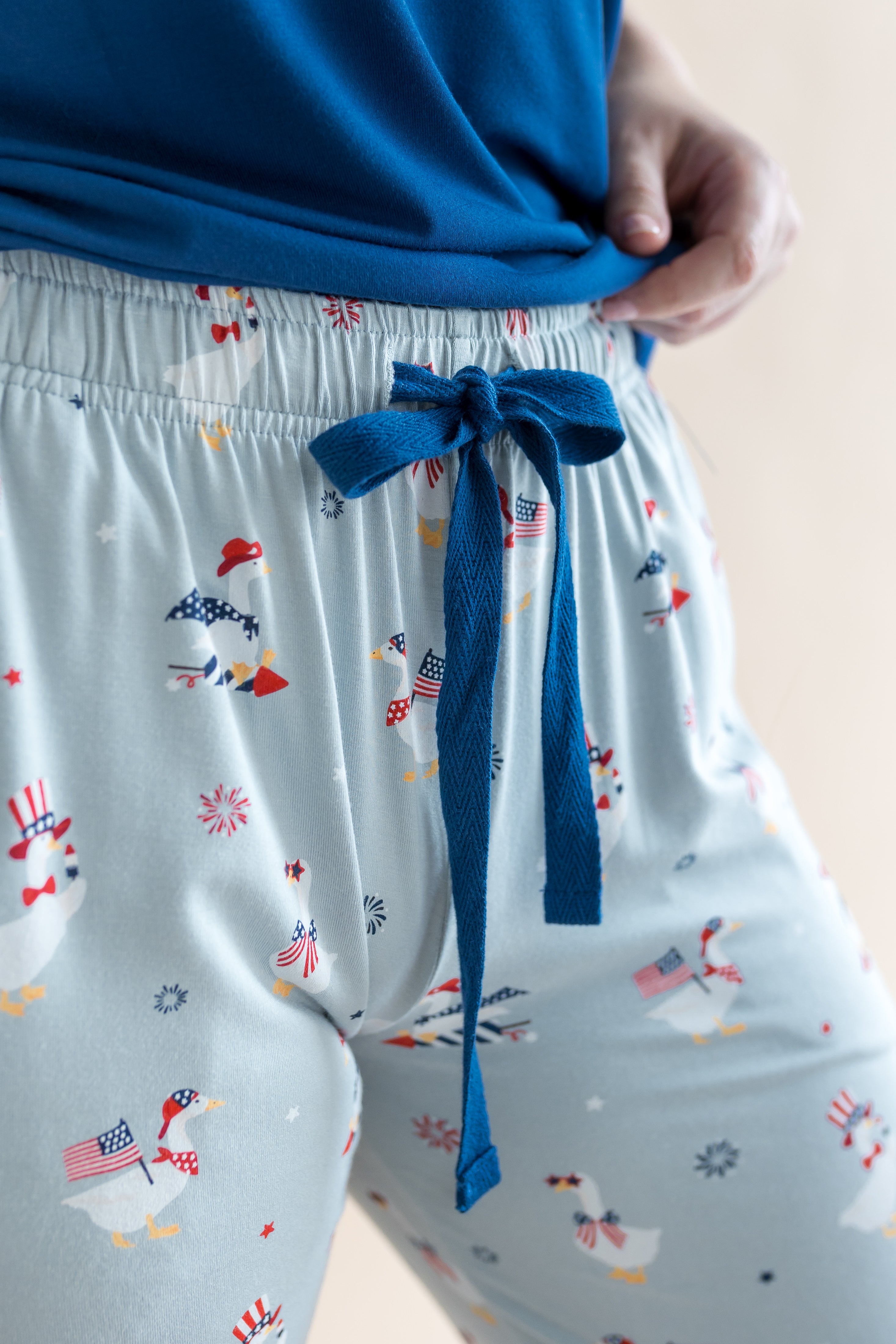Close up of the drawstring and waistband on the Women's Lounge Pants in Patriotic Gooset