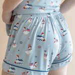 Close up of the back side of the Women's Short Sleeve Pajama Set in Patriotic Goose while on a model 