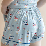 Close up of the back side of the Women's Short Sleeve Pajama Set in Patriotic Goose while on a model 