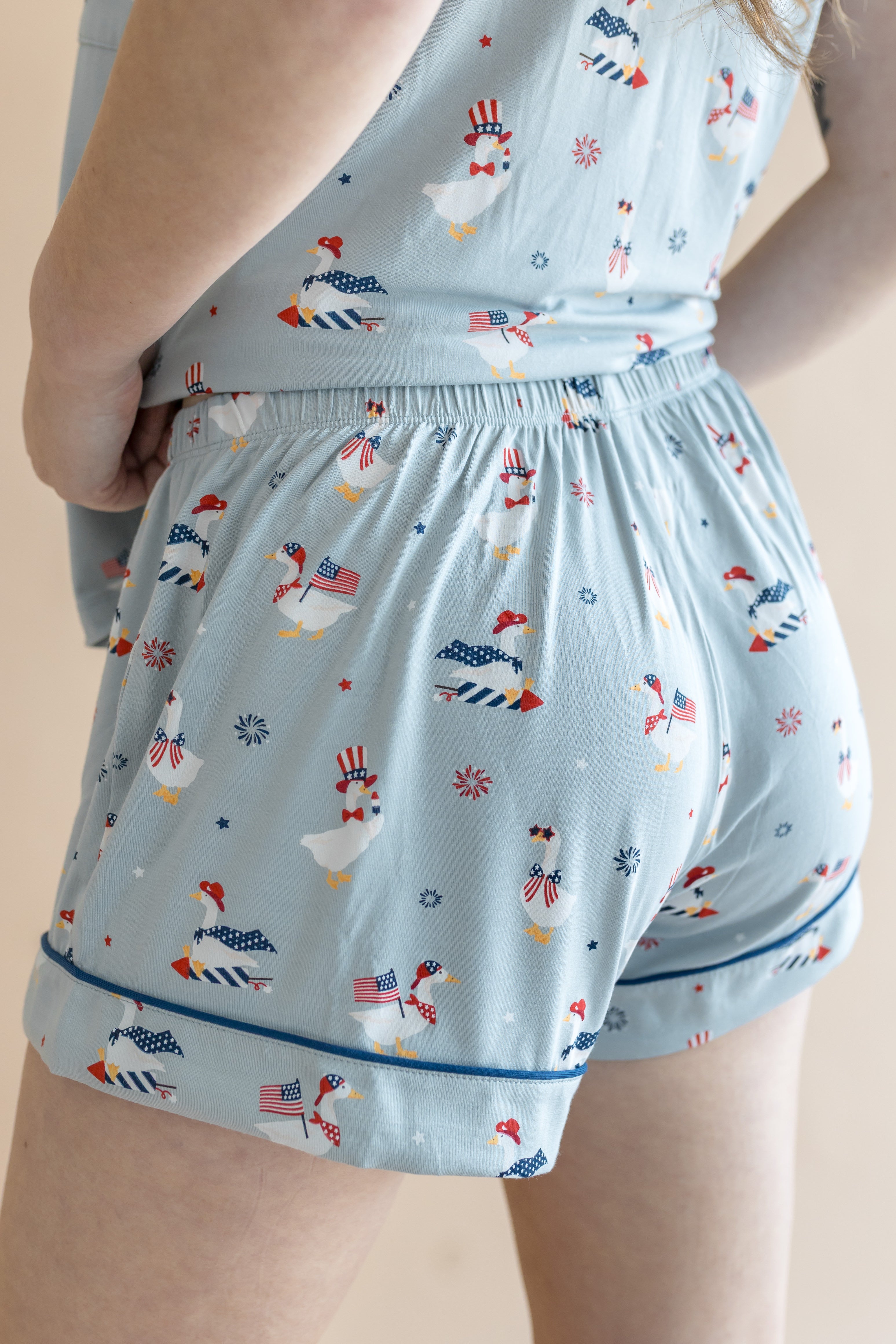 Close up of the back side of the Women's Short Sleeve Pajama Set in Patriotic Goose while on a model 