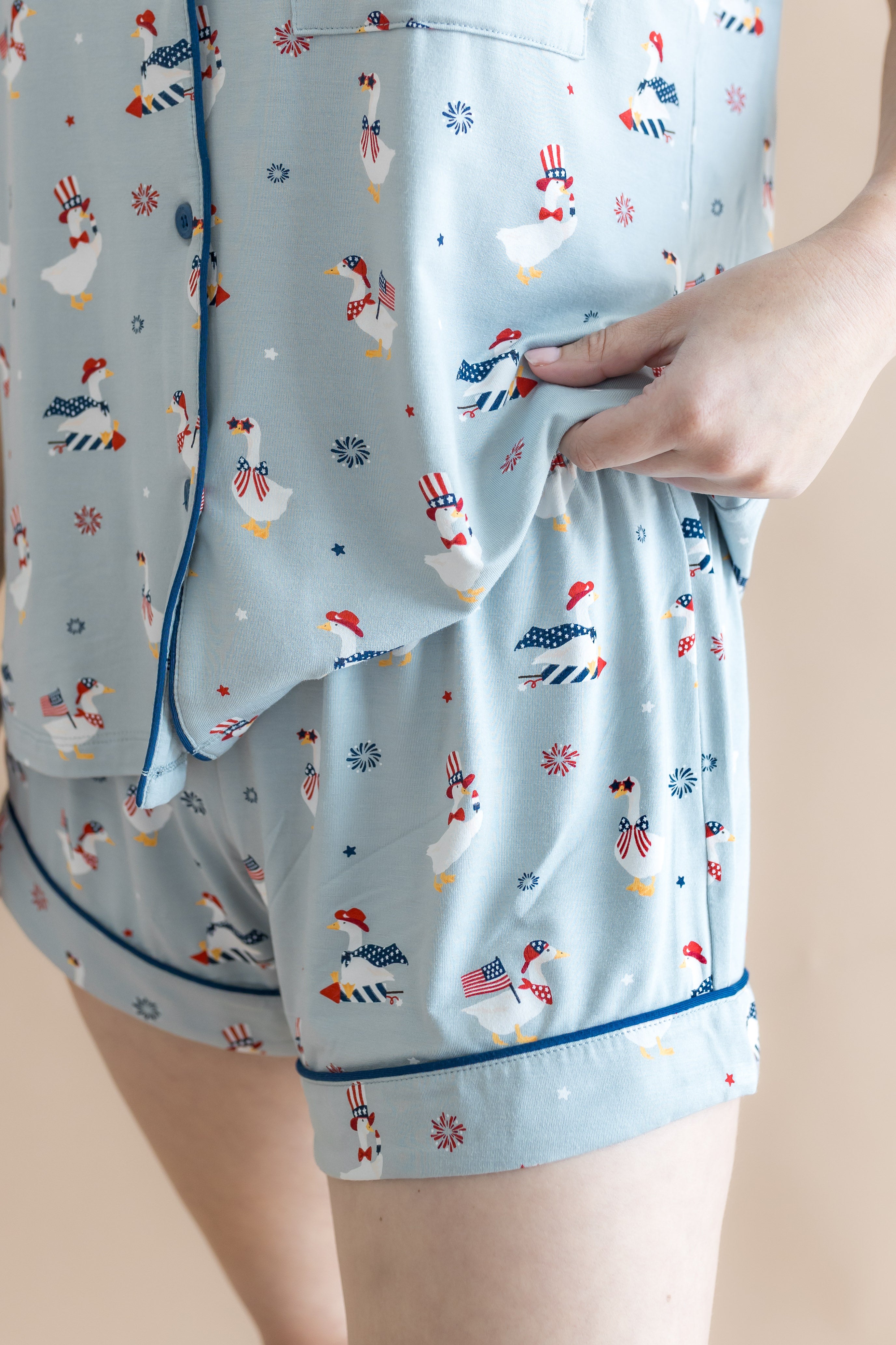 Close up of the bottoms from the Women's Short Sleeve Pajama Set in Patriotic Goose