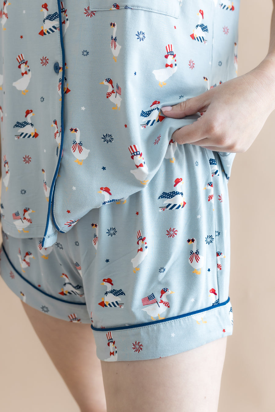 Close up of the bottoms from the Women's Short Sleeve Pajama Set in Patriotic Goose