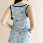 Back side of the Women's Tank Set in Patriotic Goose while on a model 