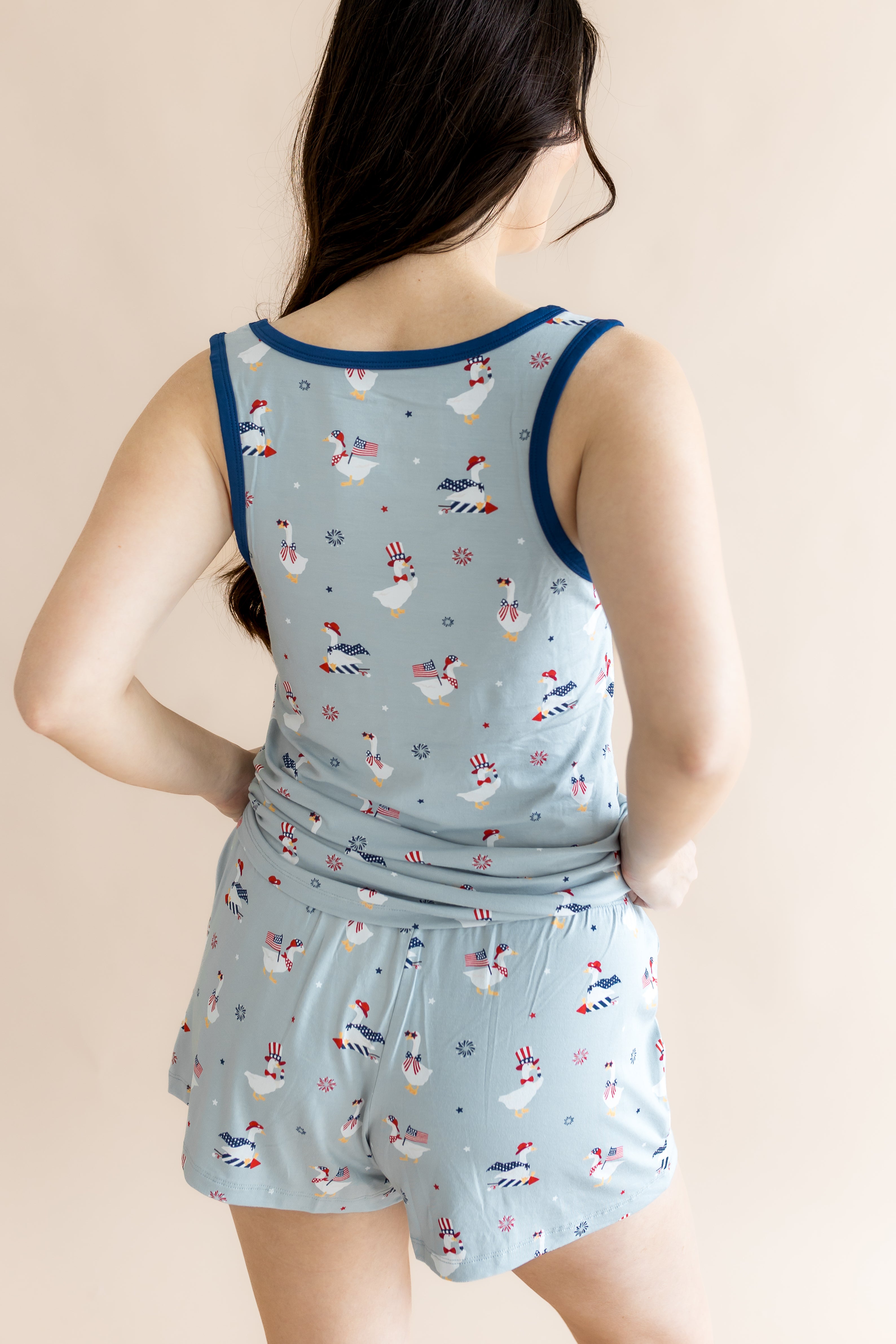 Back side of the Women's Tank Set in Patriotic Goose while on a model 