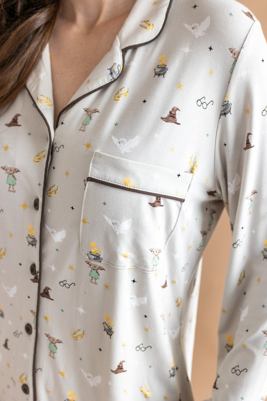 Close up of the top from the Long-Sleeved Women's Pajama Set in Starry Icon