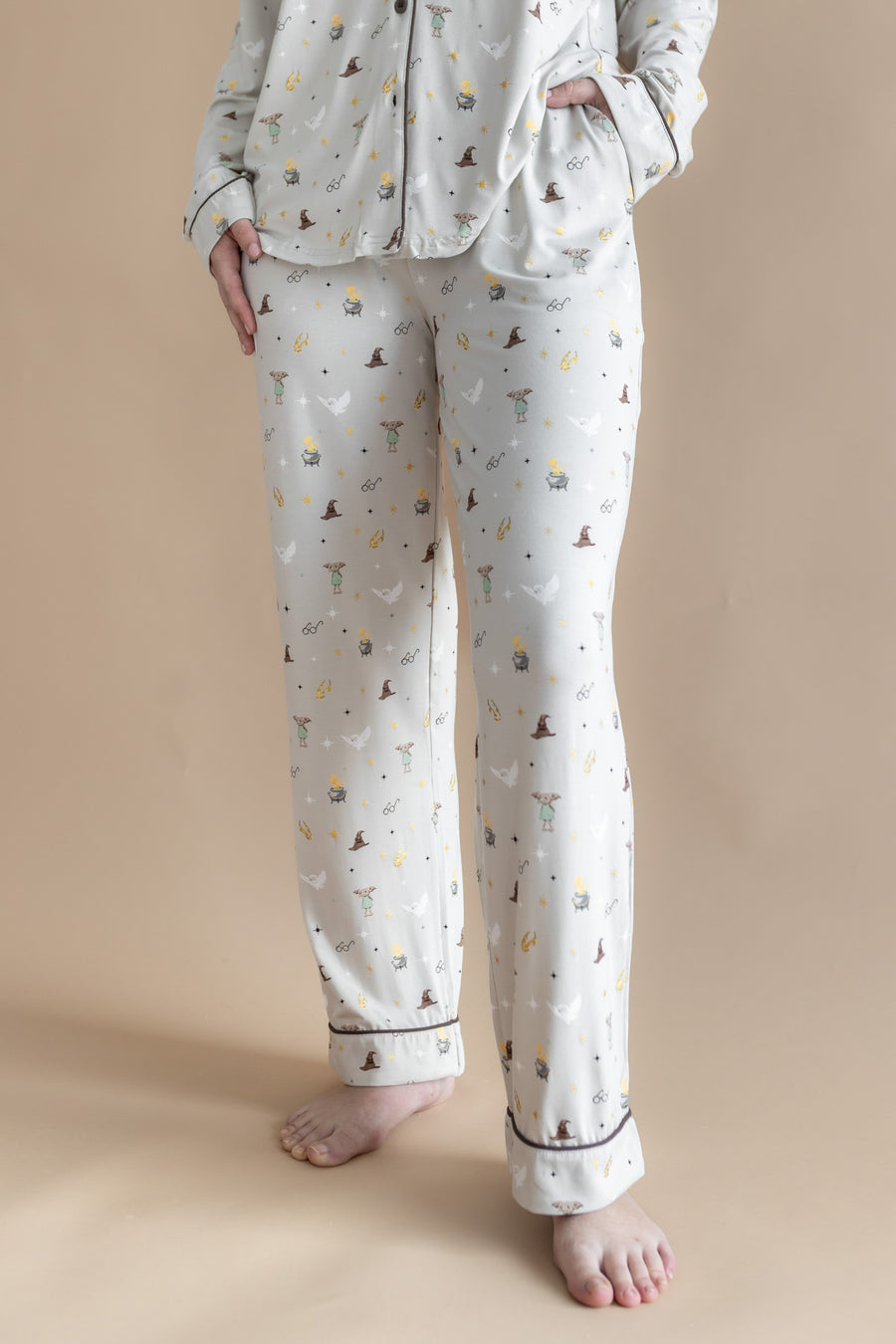 Close up of the bottoms from the Long-Sleeved Women's Pajama Set in Starry Icon while on a model