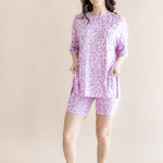 Model wearing Women’s Biker Short Set with Thistle Leopard print on a beige background ::: Model is 5'6" wearing size S ///