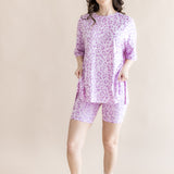 Model wearing Women’s Biker Short Set with Thistle Leopard print on a beige background ::: Model is 5'6" wearing size S ///
