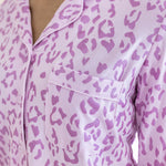 Women's Long Sleeve Pajama Set Shirt with pocket in Thistle Leopard print on a beige background ---PJ 2