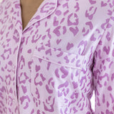 Women's Long Sleeve Pajama Set Shirt with pocket in Thistle Leopard print on a beige background ---PJ 2
