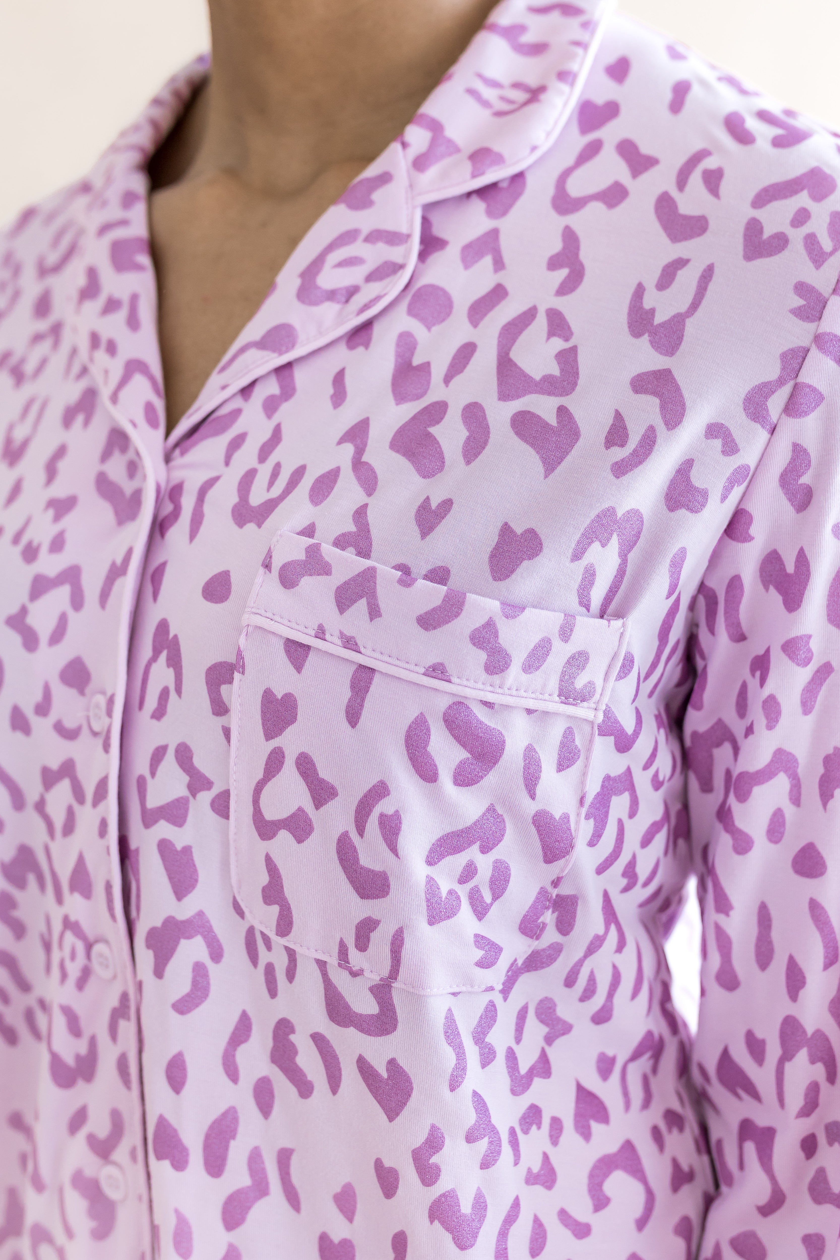 Women's Long Sleeve Pajama Set Shirt with pocket in Thistle Leopard print on a beige background ---PJ 2