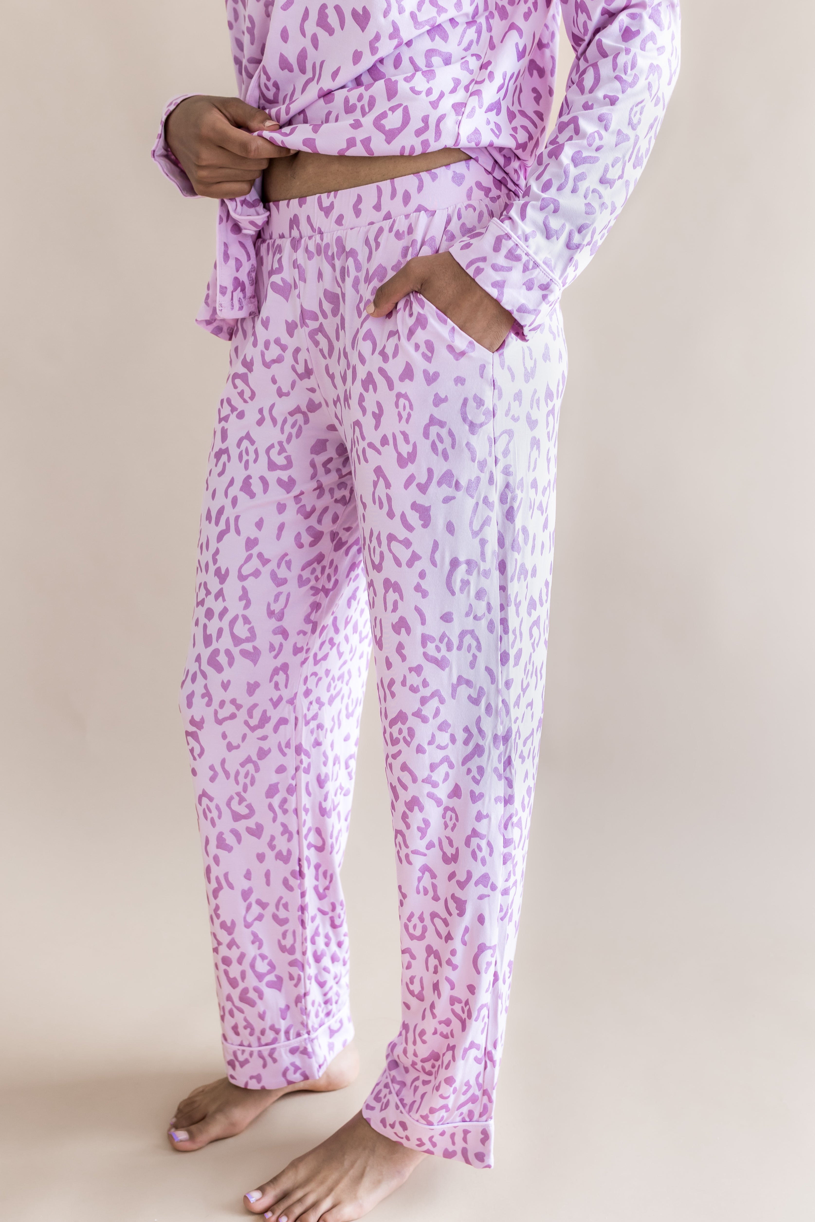 Side view of Women's Long Sleeve Pajama with pockets in Thistle Leopard print on a beige background ---1605 3