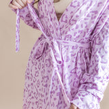 Women's lounge robe in Thistle Leopard print with a belt on a beige background